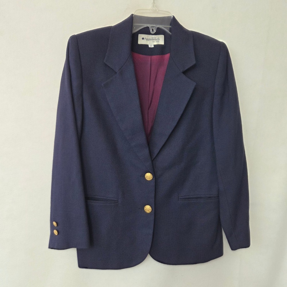 Appleseeds Blazer Women 6P Navy Blue‎ Gold Crest Button Two Button Made USA Vtg